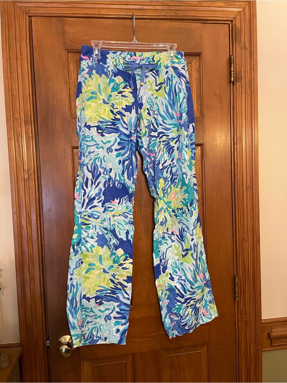 Lilly Pulitzer Multicolor Abstract Print Linen Pants - Blue, Teal, Lime, Size 0